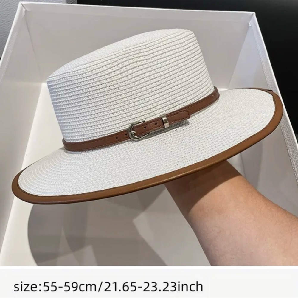 White and Brown Wide-Brim Sun Hat with Leather Band